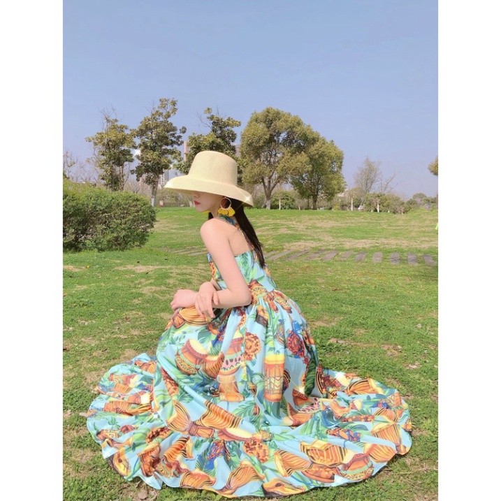 Váy hoa maxi LUHAZO 2 dây đi biển đi chơi hở lưng dáng dài rộng bigsize kiểu sang chảnh Hàn Quốc dk7t503