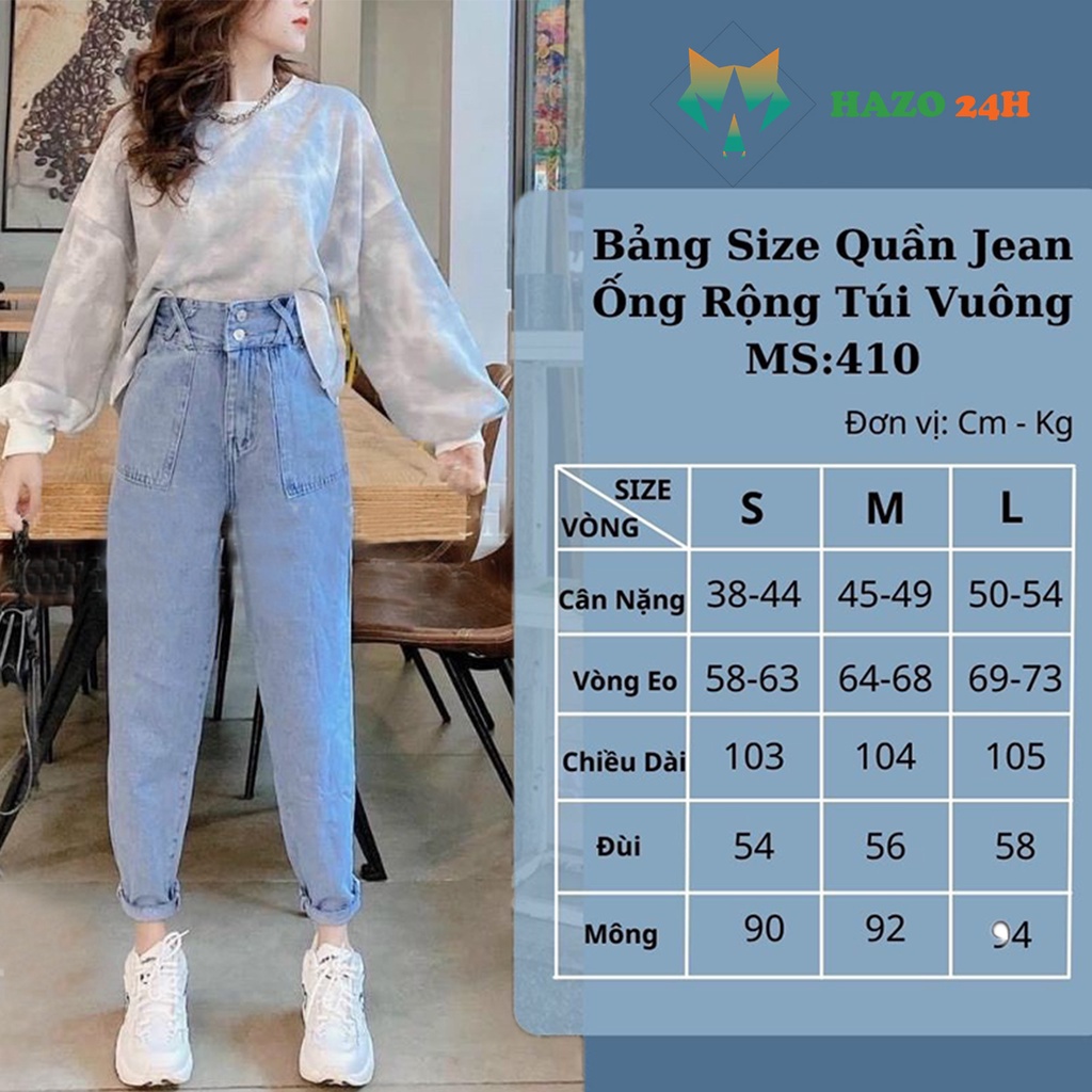 Quần Jeans Baggy Nữ Cạp Cao Túi Vuông Chuẩn Form Hack Dáng 295-366 Chất Liệu Cao Cấp Trẻ Trung Cực Hot - Hazo
