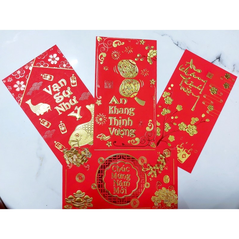 Combo 6 bao lì xì nhung in nhũ dập 3D & hình lân