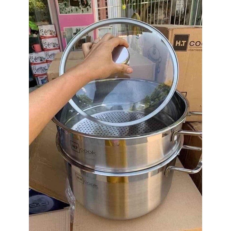 nồi hấp 2 tầng HT COOk chất liệu inox dùng bếp từ size 28cm giá hấp rời lỗ hấp nhỏ tiện lợi