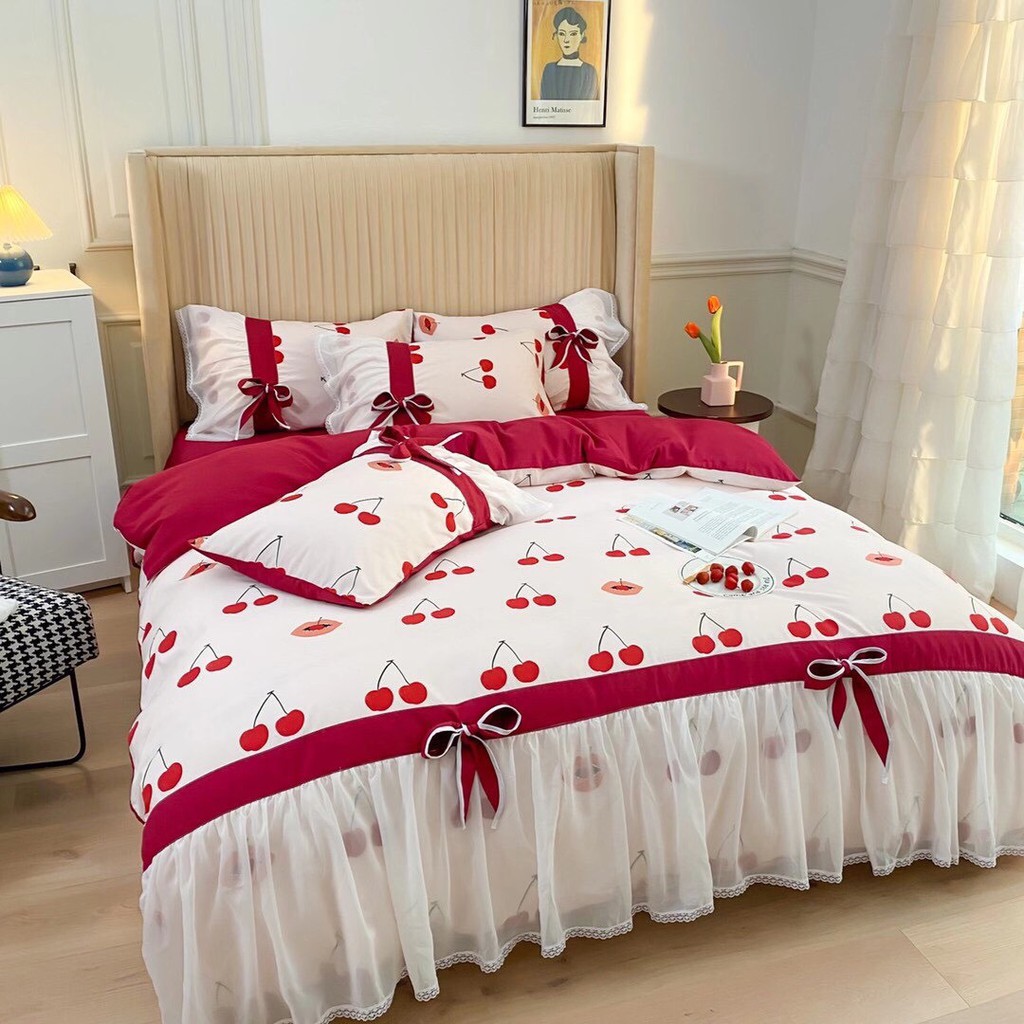 Bộ chăn ga gối cotton hoạt tính ren voan mẫu cherry