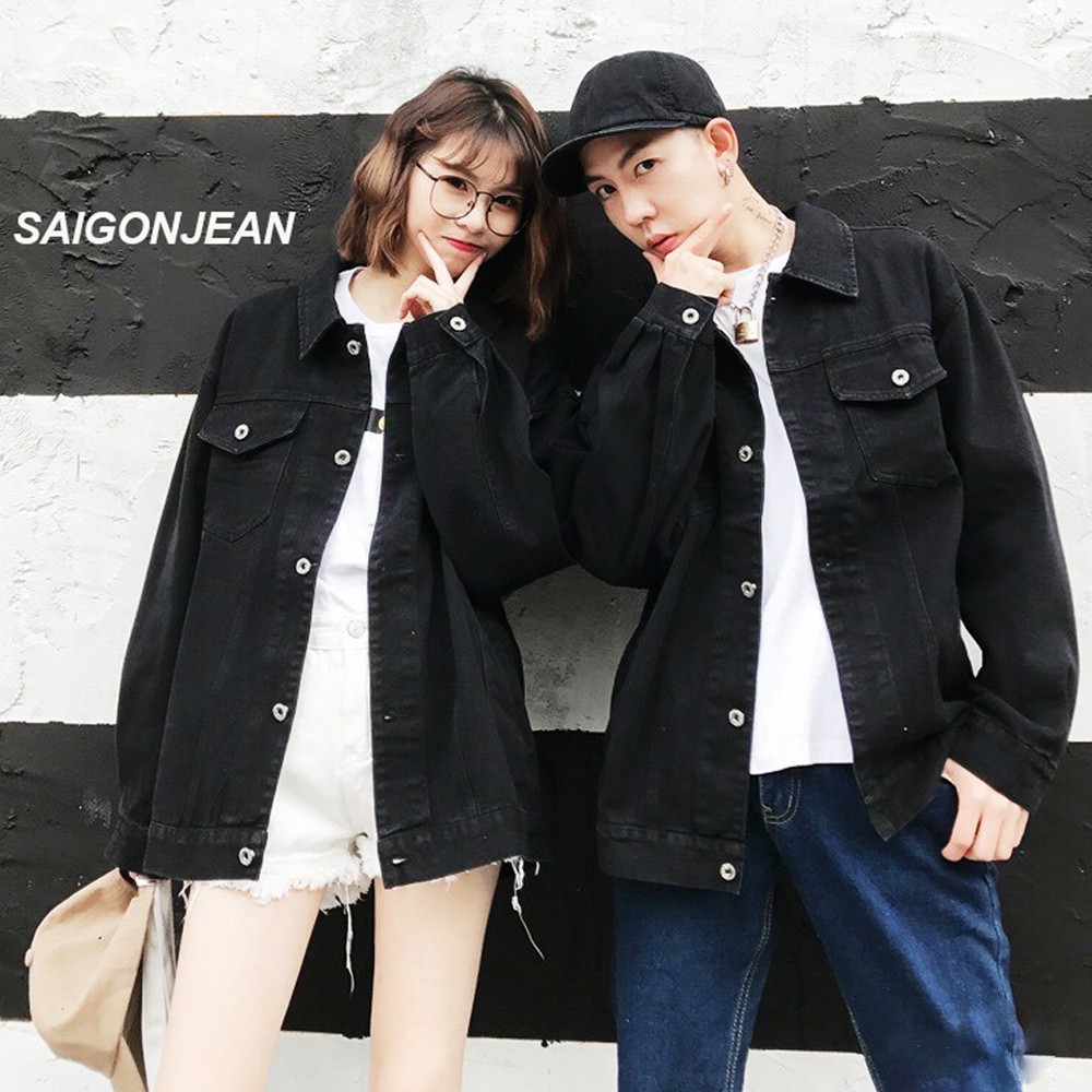 Áo khoác jean nam nữ unisex SAIGONJEAN màu đen trơn AK009 – áo khoác bò phong cách hàn quốc