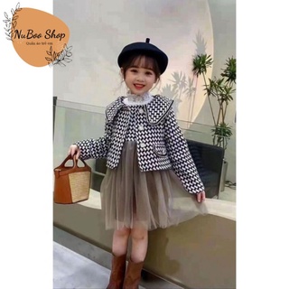 Sét váy dạ tweed chân váy ren bồng kèm áo khoác cúc ngọc cho bé gái, set dạ tweed diện Tết cho bé 8-20kg