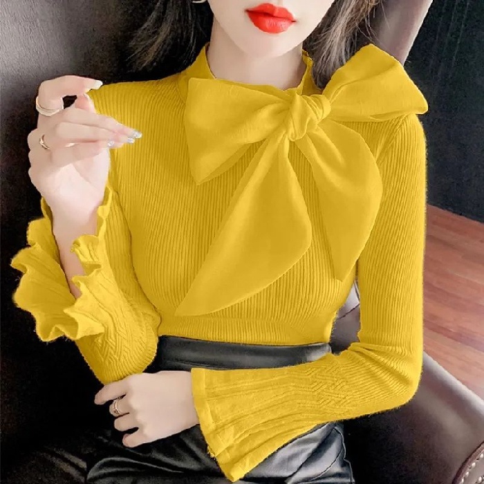 Áo dệt kim ZHELIHANGFEI tay dài thắt nơ dễ phối đồ thời trang xinh xắn cho nữ