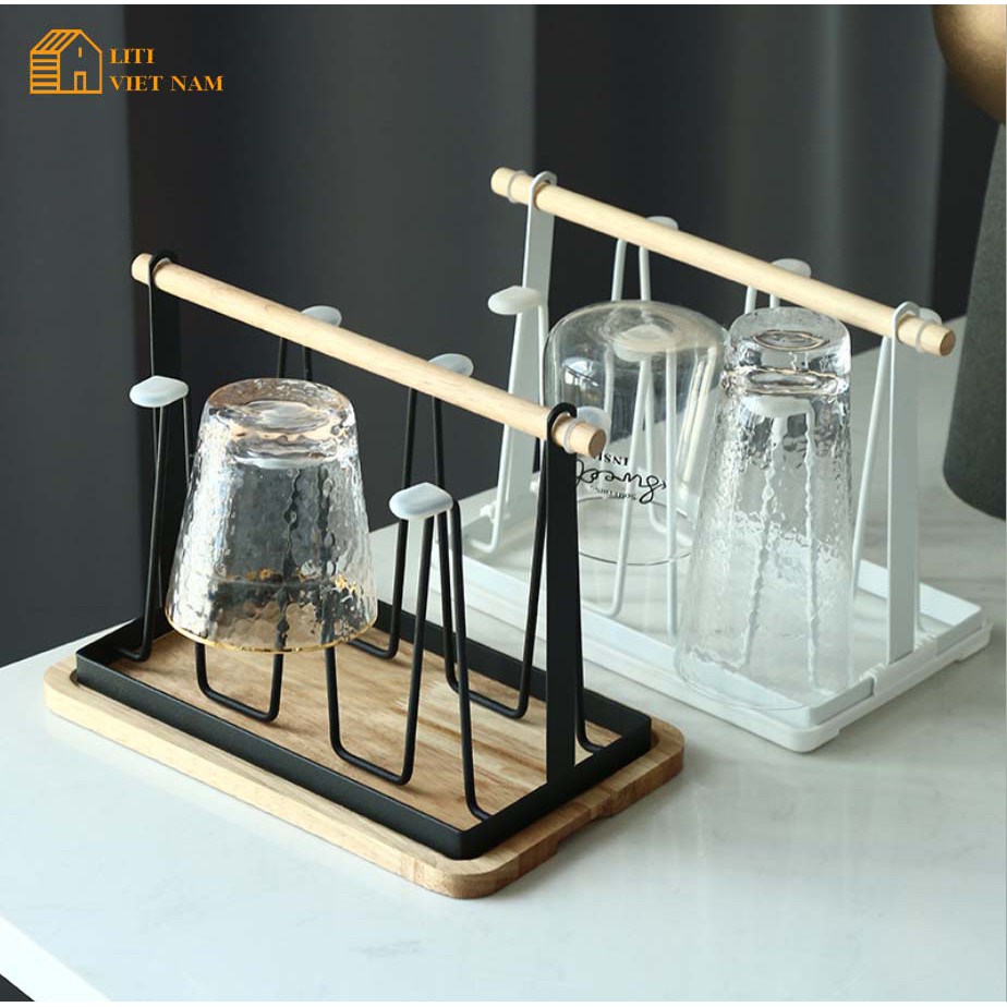 Giá úp ly cốc, khay gỗ hứng nước cao cấp
