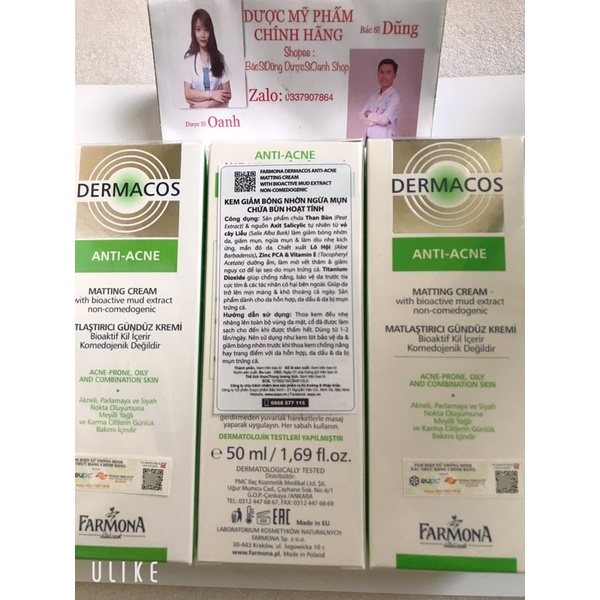 CHÍNH HÃNG NHẬP KHẨU Kem Dưỡng Giảm Bóng Nhờn Farmona Dermacos Anti-Acne Matting Cream