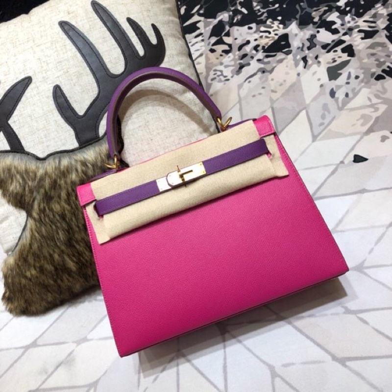 Túi xách nữ thương hiệu Hermes Kelly 25 da thật cao cấp màu hồng phối tím
