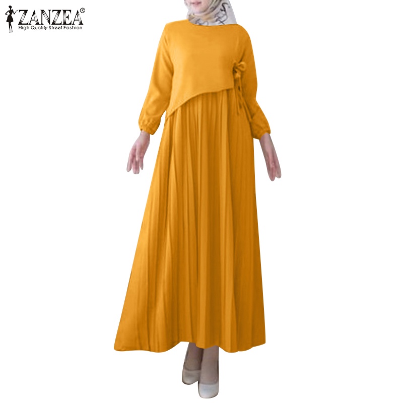 Đầm ZANZEA dáng chữ A cổ tròn xếp ly hai lớp eo thắt dây màu trơn cho phụ nữ phong cách Hồi Giáo