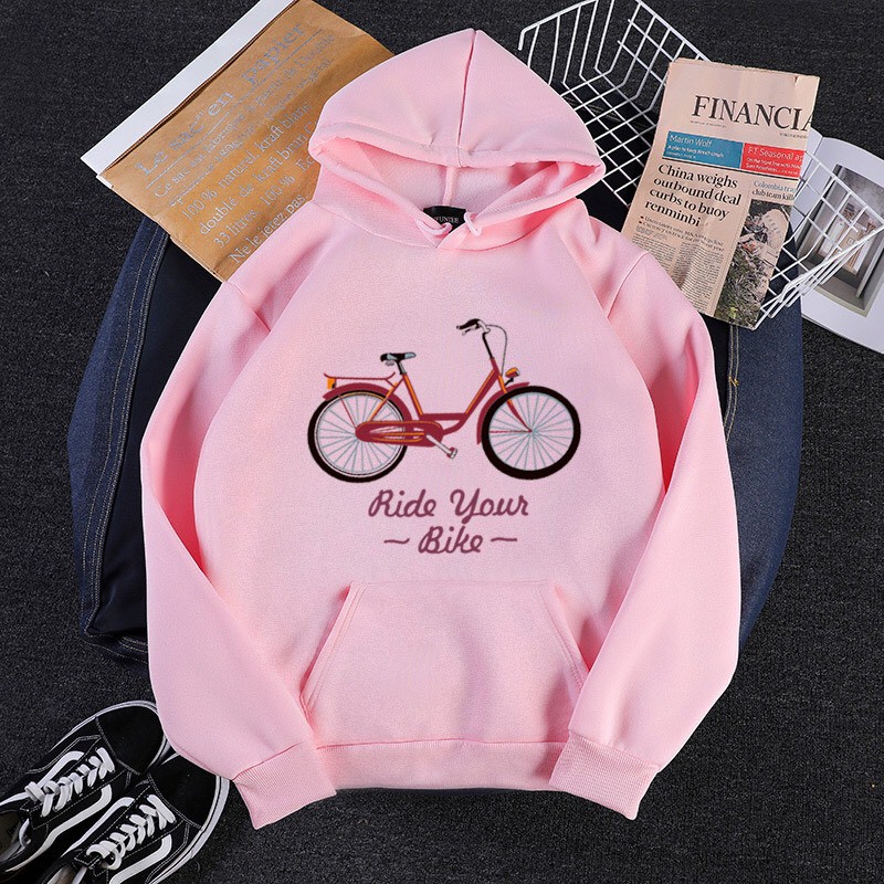 Áo Hoodie hình xe đạp UNISEX(3 màu trắng, be, hồng)