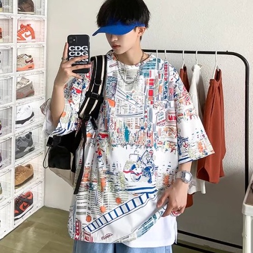 ✦AFFLIGA✦Áo Thun Tay Ngắn Cổ Tròn Dáng Rộng In Họa Tiết Phong Cách Hip hop Thời Trang Mùa Hè Cho Nam Và Nữ