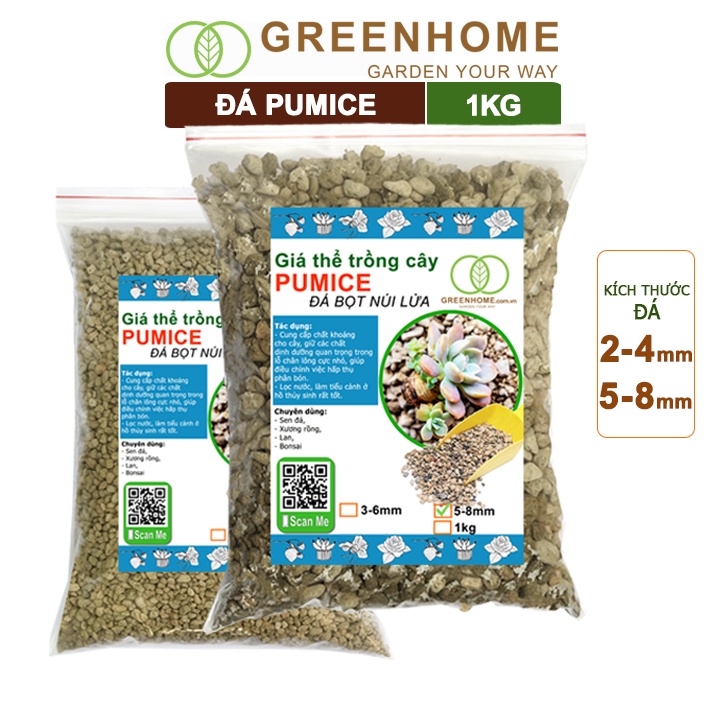 Đá Pumice, bao 1kg, bọt núi lửa, lót chậu, trộn đất sen đá, xương rồng, phong lan, nhiều size lựa chọn |Greenhome