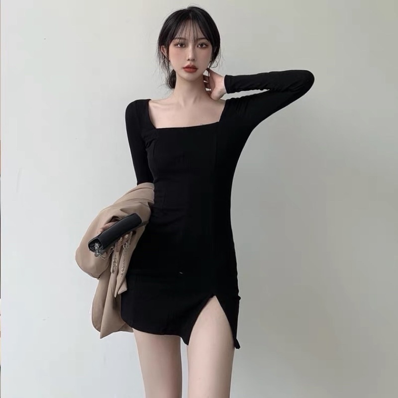 Đầm Body Thun Xẻ Đùi Tay Dài Quyến Rũ Cho Nữ Phong Cách Basic