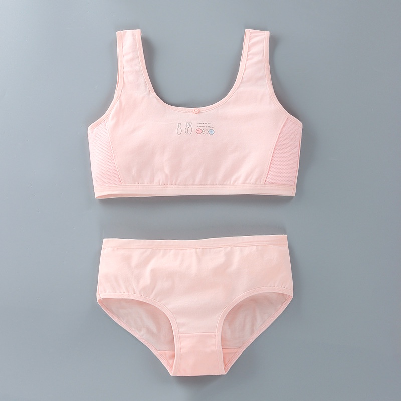 Bộ Áo Ngực Hai Lớp Phối Quần Lót Vải Cotton Dễ Thương Cho Bé Gái Tuổi Dậy Thì 8-16 Tuổi