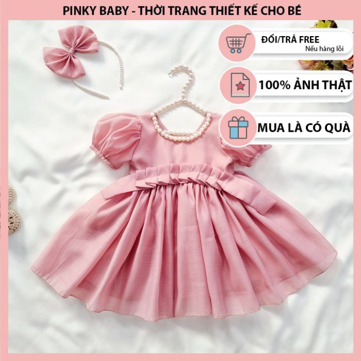 Váy Công Chúa Hồng Đai Nơ Cổ Đính Cườm Cho Bé Sơ Sinh Đến 15kg Kèm Bờm Nơ, Đầm Đầy Tháng Cho Bé.