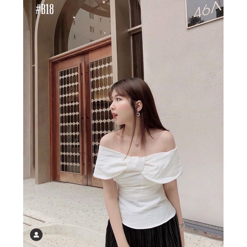 Áo nữ nơ lệch vai màu trắng Nhipham shop