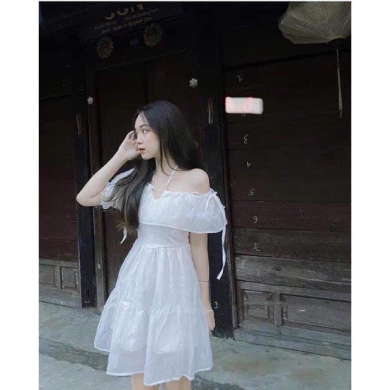 Váy 2 Dây Buộc Nơ Vai Vintage Nữ Đầm dáng ngắn, babydoll bánh bèo tiểu thư Ulzzang sang chảnh Hàn Quốc