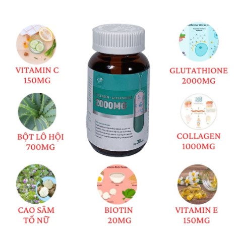 Viên Uống Trắng Da Collagen Glutathione 2000mg Hộp 30 viên Hỗ Trợ Mờ Thâm, Giảm Nám, Nâng Tông Tức Thì Sau 7 ngày