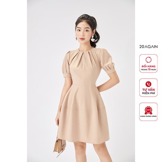 Váy xòe tay bồng 20AGAIN, đầm công sở xếp ly cổ, thanh lịch DEA1548