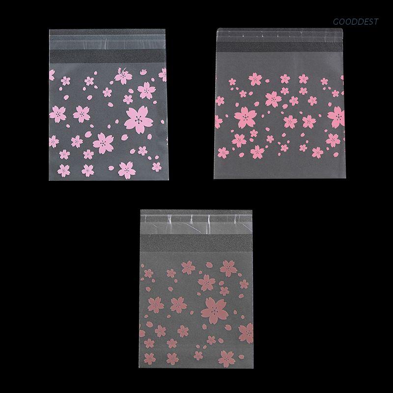 Set 100 túi nhựa đựng bánh kẹo in hình hoa anh đào với 3 kích cỡ