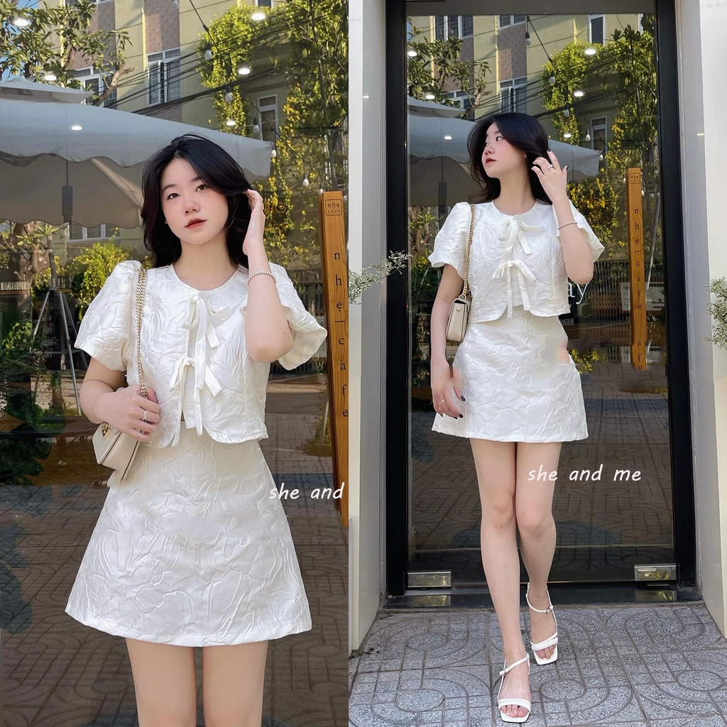 (Hàng Có Sẵn) Nana Set_Set Áo Kiểu Nữ Thắt Nơ Kèm Chân Váy Chữ A Chất Gấm Nổi Hàng Quảng Châu Siêu Đẹp (ảnh thật ở cuối)