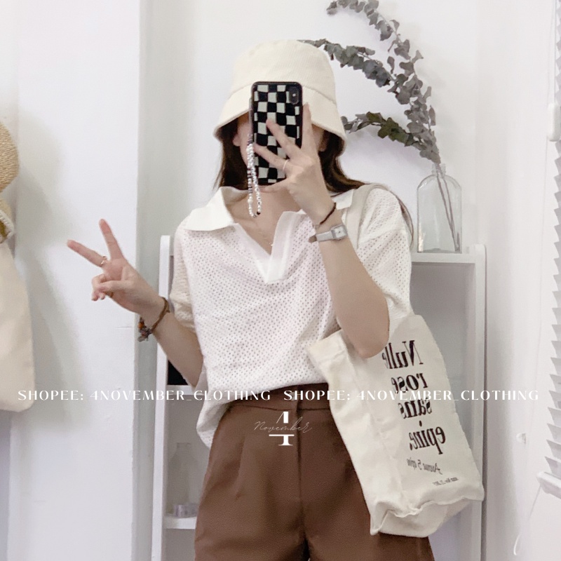 Áo polo lưới chất len cổ chữ V