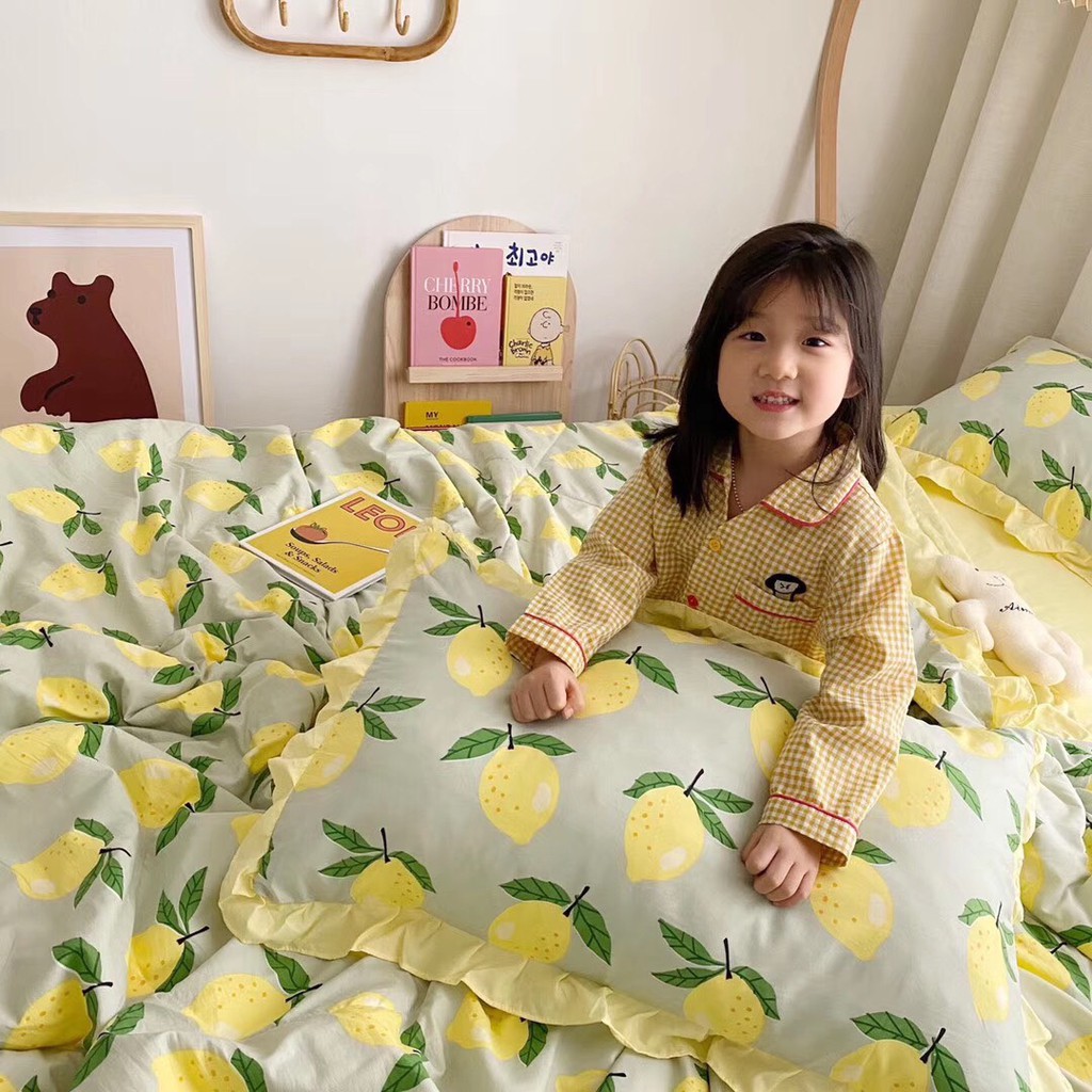 Bộ chăn đũi hè vỏ ga và 2 vỏ gối M2T bedding chăn lót bông thiết kế phối bèo họa tiết quả chanh đào