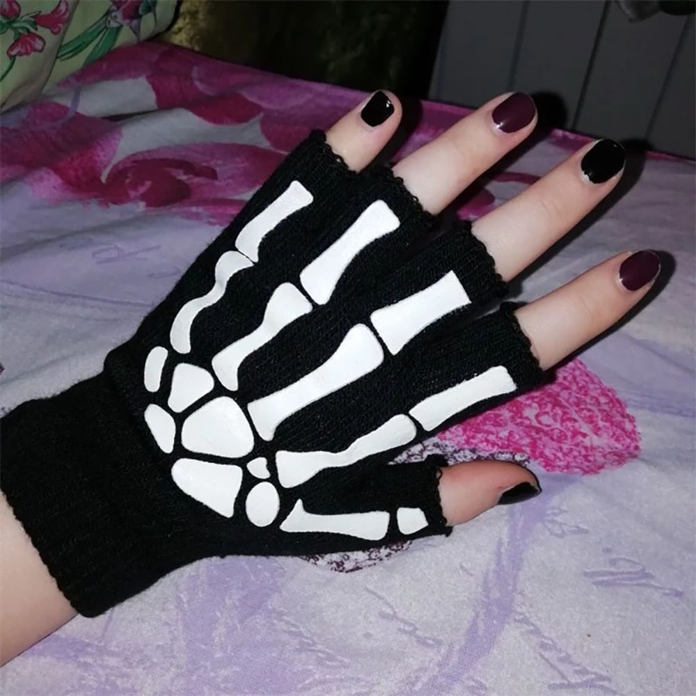 Đôi găng tay hở ngón họa tiết đầu lâu màu dạ quang độc đáo thích hợp cho halloween
