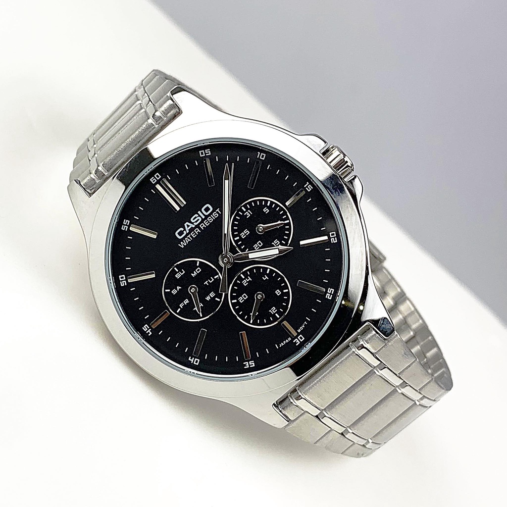 Đồng hồ Nam Casio MTP-V300D-1AUDF, đồng hồ chính hãng, dây bạc mặt đen, 6 kim
