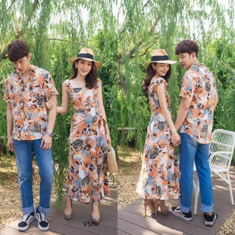 Set đồ đôi nam nữ couple áo sơ mi, váy Kate chống nhăn thoáng mát hoạ tiết tông màu cam hợp đi biển, đi dã ngoại LCA
