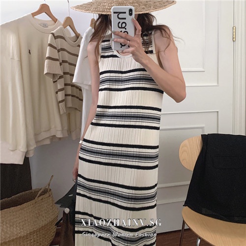 Xiaozhainv Đầm Maxi Dệt Kim Không Tay Dáng Chữ A Màu Sắc Tương Phản Phong Cách Hàn Quốc Dành Cho Nữ