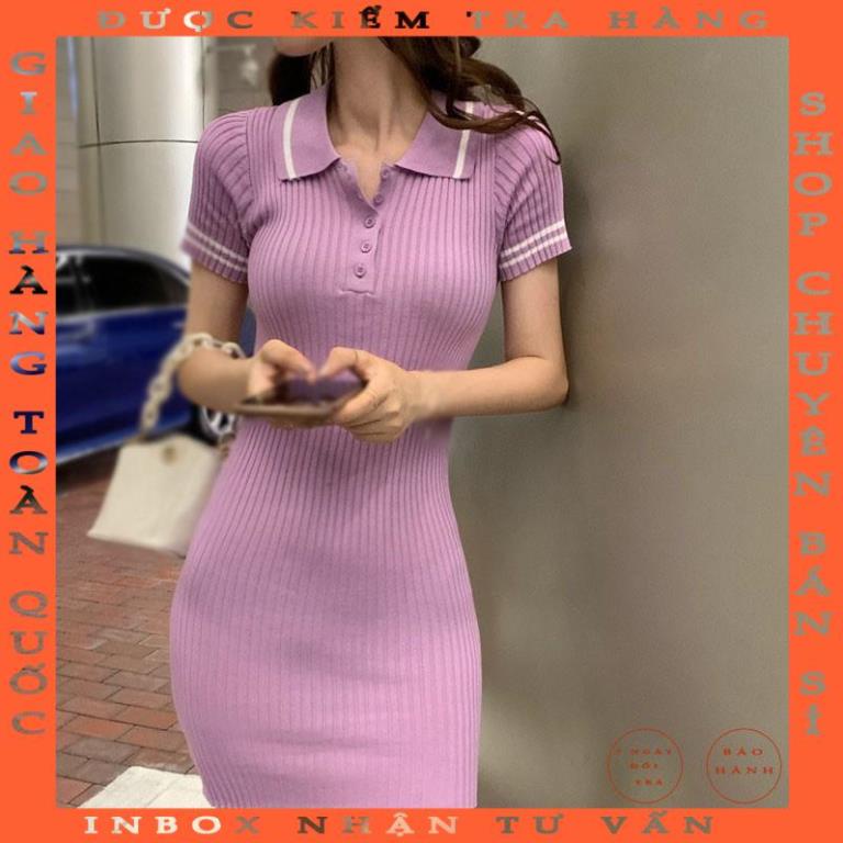 Đầm ôm dệt kim tay ngắn cổ sơ mi thời trang nữ năng động cá tính luongphon