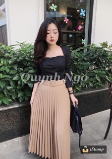 Chân váy midi xếp li kèm đai
