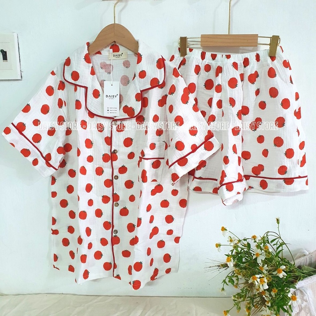 Pyjama mặc nhà đùi xô muslin họa tiết quả cà chua xinh xắn