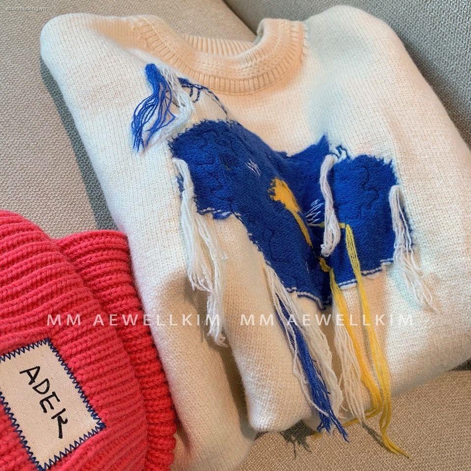 Áo sweater dáng rộng in họa tiết hoa graffiti màu xanh dương thời trang thu đông Hàn Quốc cho nữ