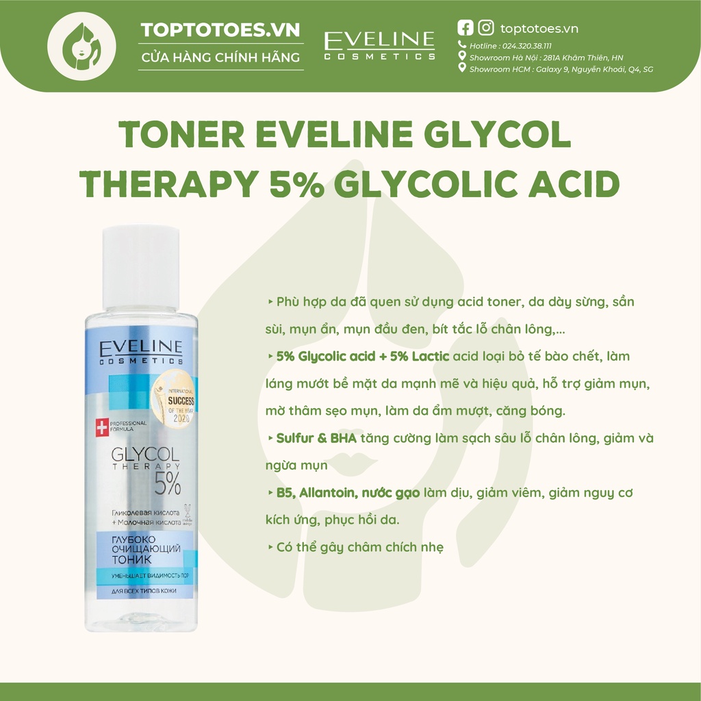 Toner Eveline 5% Glycolic acid làm da căng bóng, sáng mịn, mờ thâm sạm