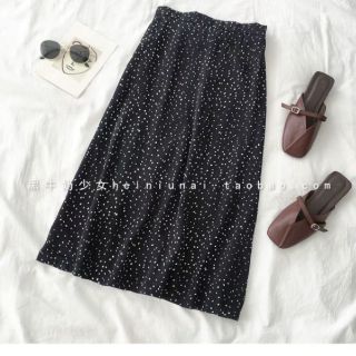 Áo sơ mi xanh + chân váy đen chấm bi( kèm ảnh thật)