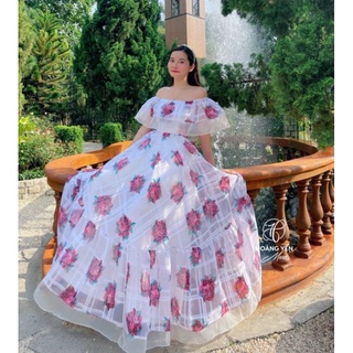 HOANGYEN - Đầm siêu xoè trễ vai sống ảo, váy maxi trắng in hoa kẻ sọc đi biển, du lịch, chụp ảnh Vivian dress