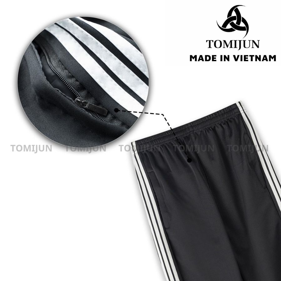 Quần jogger thể thao nỉ nam nữ TOMIJUN Siêu Rẻ dài 3 sọc, Vải poly cao cấp dày đẹp, co giãn tối đa