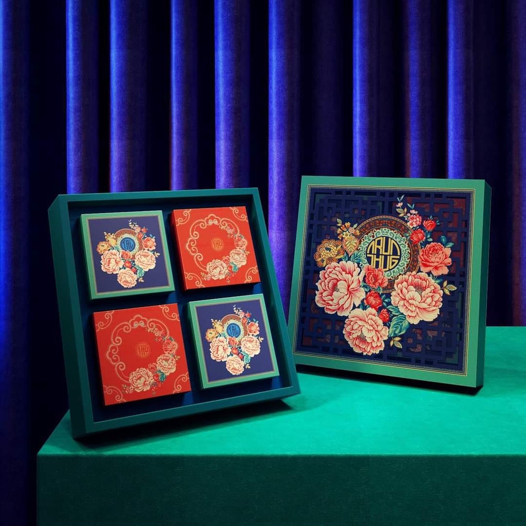 Bộ túi & hộp giấy 4 bánh trung thu 125-250g nhũ vàng mẫu hoa mẫu đơn