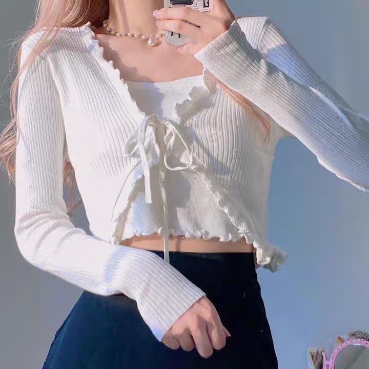 Áo Khoác Croptop Tay Dài Phối Viền Bèo Dây Cột Kiểu Nàng Thơ