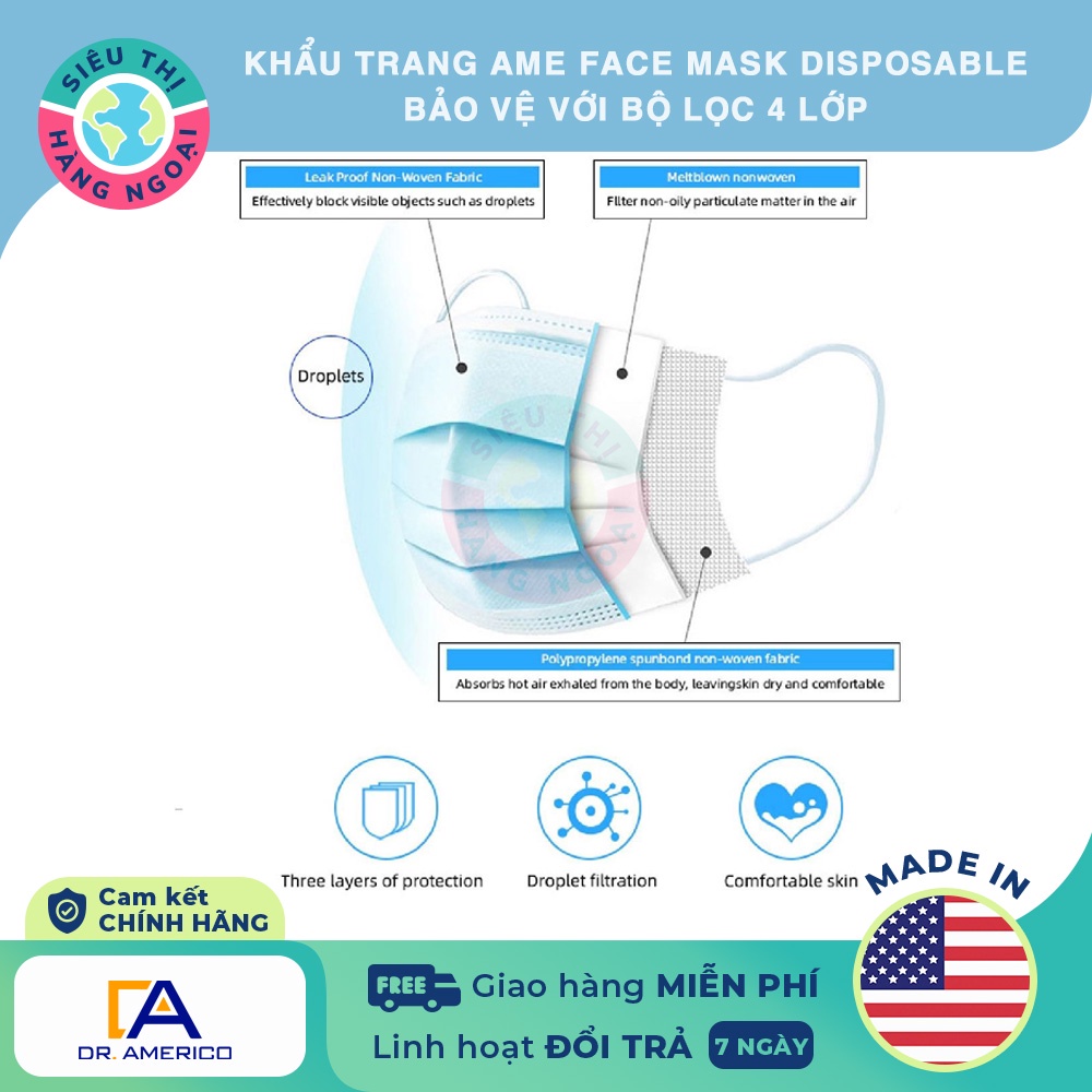 Khẩu trang Ame Face Mask Disposable 4 Layer Filter Protection [Bảo vệ với bộ lọc 4 lớp] USA Siêu Thị Hàng Ngoại