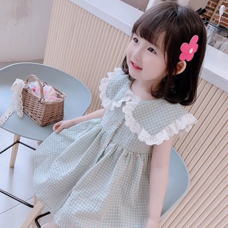 Váy kẻ sát nách viền trắng cho bé gái