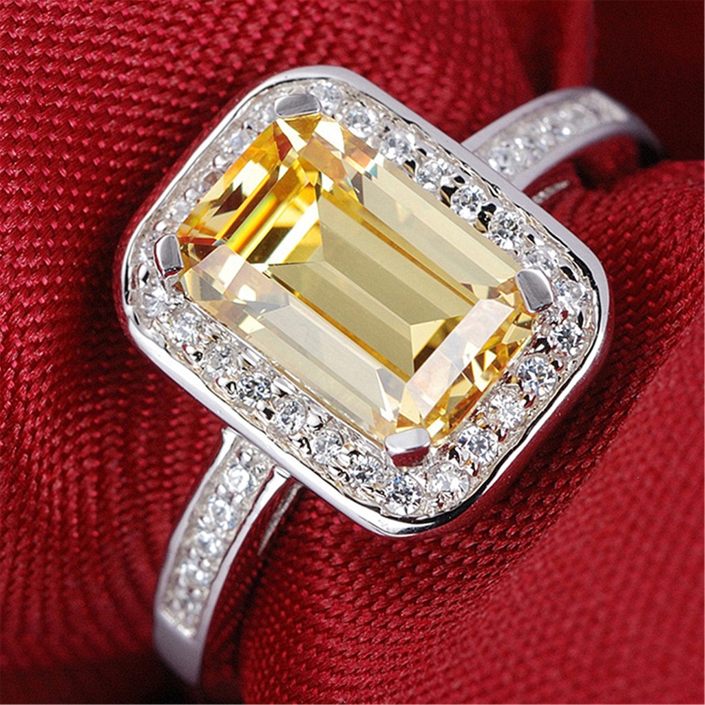 AIFEI💍 Silver 925 Original High-Grade Luxurious Cluster Diamond Ring Rectangular Yellow Diamond 2 Karat Inlaid Jewel Colorful Crystals Ring fashion Cincin-S1