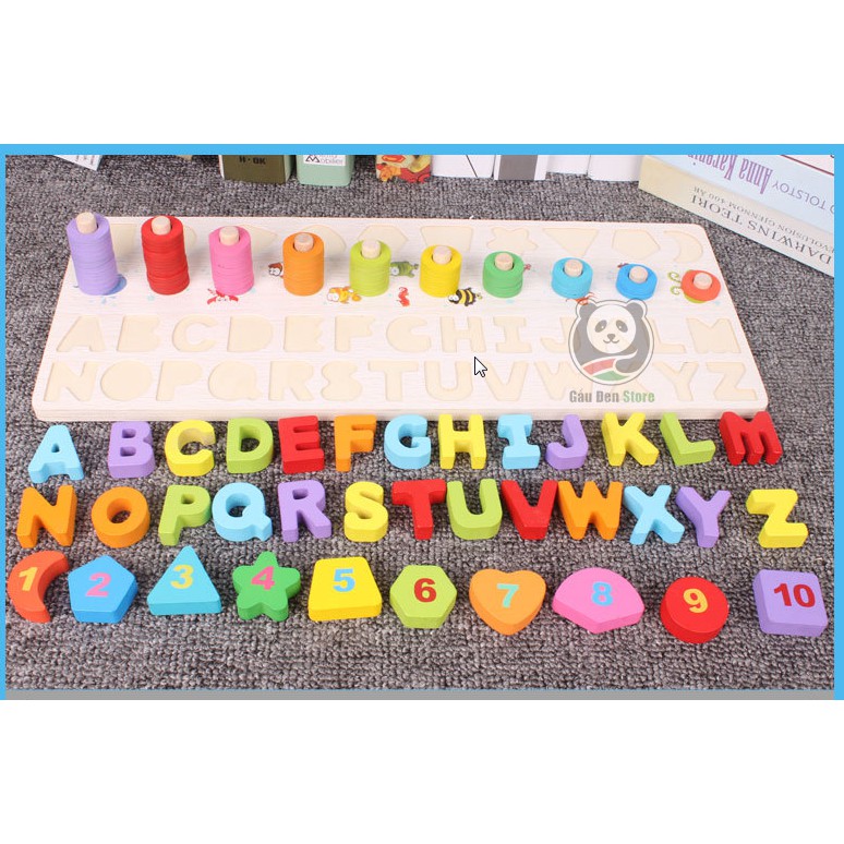 [ Quà Tặng Tranh Ghép 3D] Bộ Giáo Cụ Montessori 4in1 Giúp Bé Học Chữ Cái, Hình Khối, Số