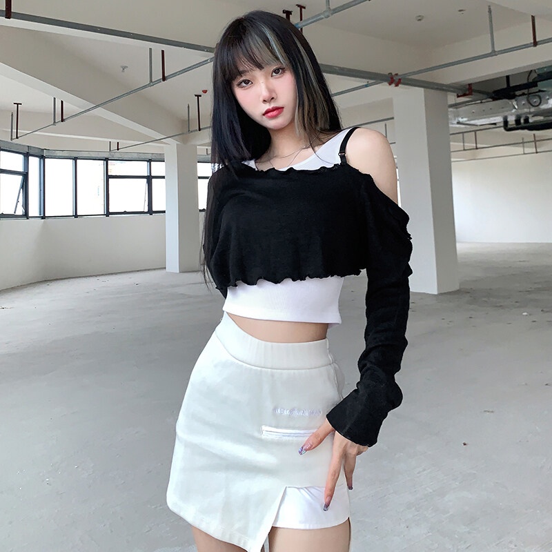 Kliou 2023 new Set áo thun tay dài trễ vai + áo hai dây KLIOU 2023 màu trơn thời trang cho nữ