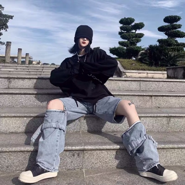 Quần jeans ống rộng unisex xẻ gối kéo khoá có thể tháo dời oversize Ulzzang siêu chất ❤️