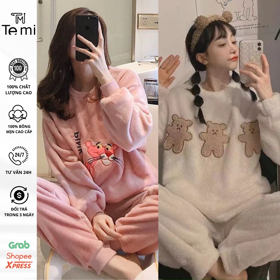 Bộ ngủ bông dài tay hình gấu TEMI đồ ngủ nữ, chất lông mềm mịn, dày dặn, gấu cute, thêu, dệt hoạ tiết, hàng quảng châu