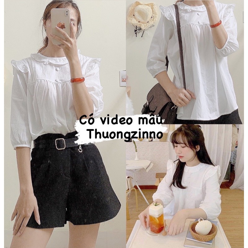 [Ảnh thật/Video]Áo sơ mi Cúc bọc cổ tròn bèo Hàn Quốc Áo áo mi phong cách ulzzanb