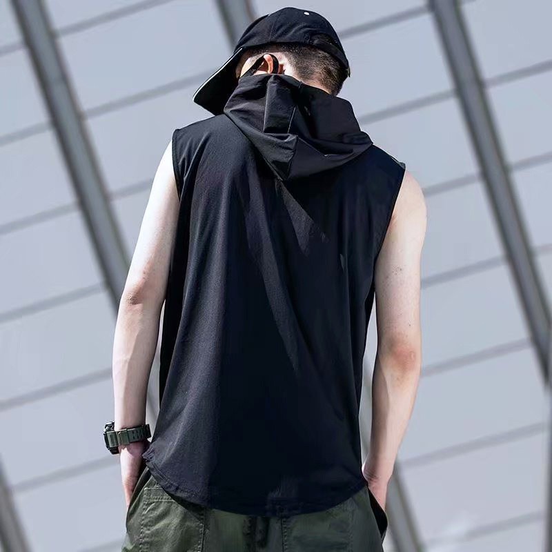 Áo thun thể thao sát nách có mũ trùm đầu vải nhanh khô năng động cá tính dành cho nam