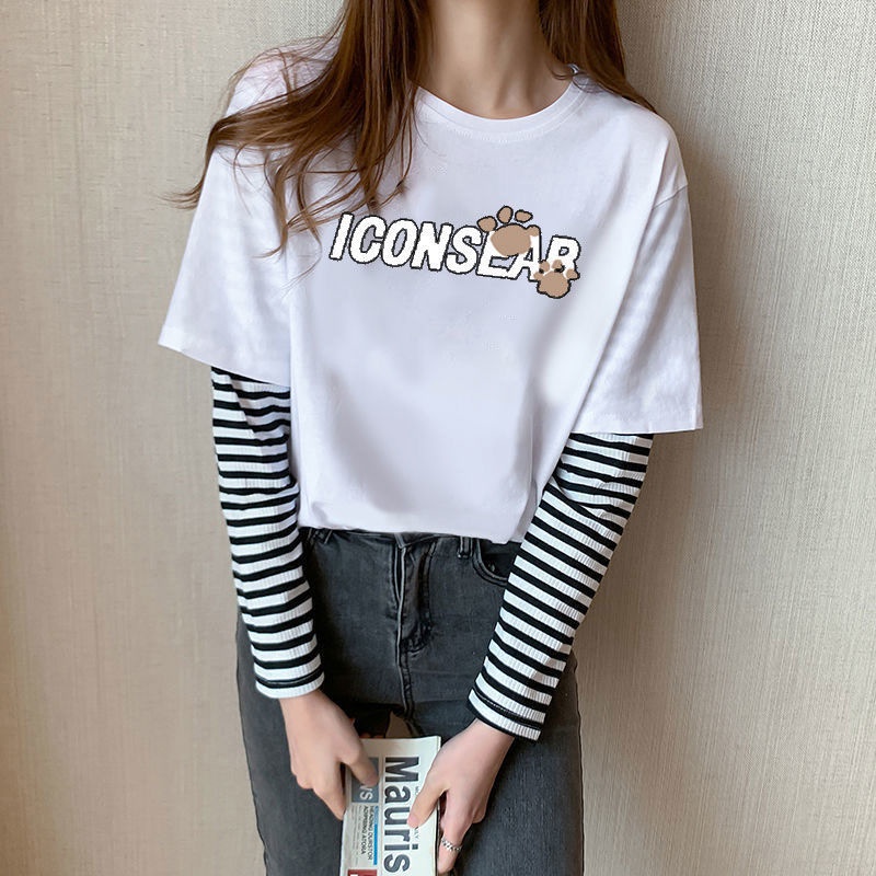 Áo Thun Tay Dài Giả Hai Lớp Dáng Rộng Phong Cách Harajuku Dễ Phối Đồ Thời Trang Mùa Thu Cho Nữ